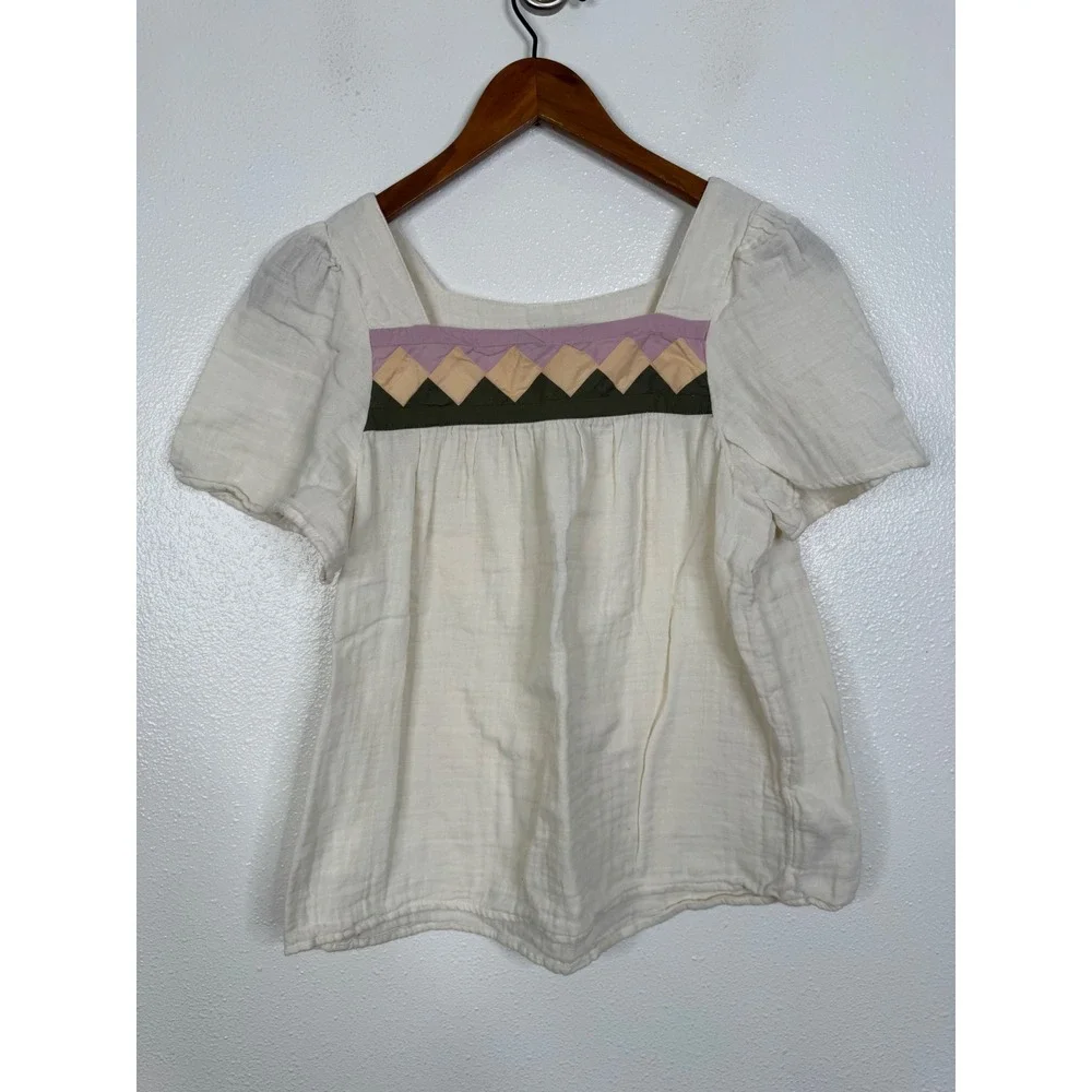 Madewell Light Cream Gauze Square Neck Top Geometric Applique AK024 Womens Small